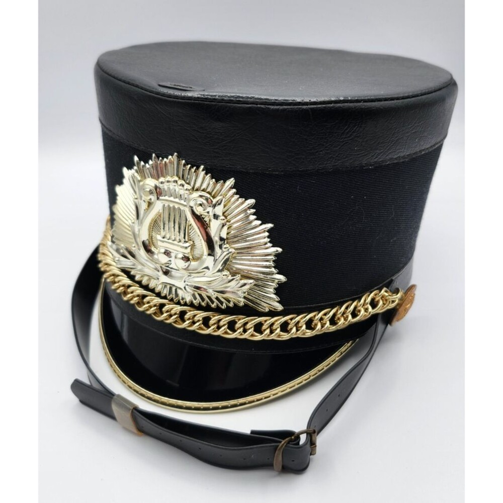 Vintage Marching Band Hat Black Goldtone Trim Majorette Drum Major Sunburst